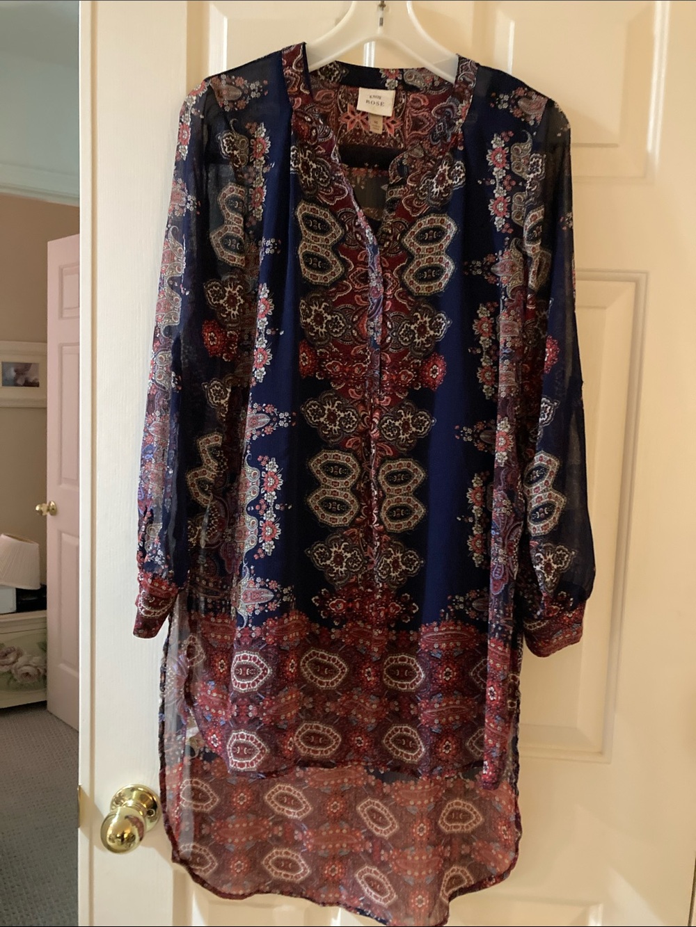 Knox Rose Navy Paisley Long-Sleeve Sheer Tunic